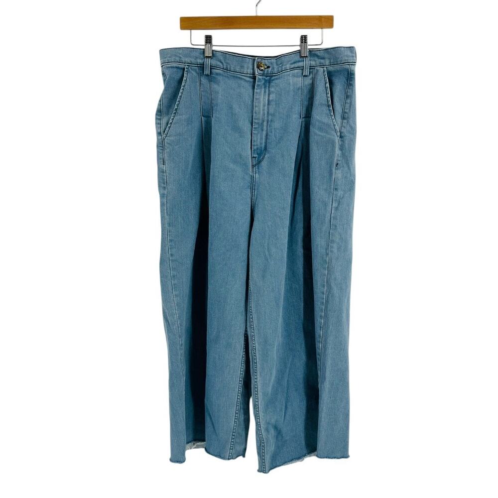 Anthropologie The Odells Wide Leg High Waisted Denim Jeans Raw Hem Stretch Sz 14
